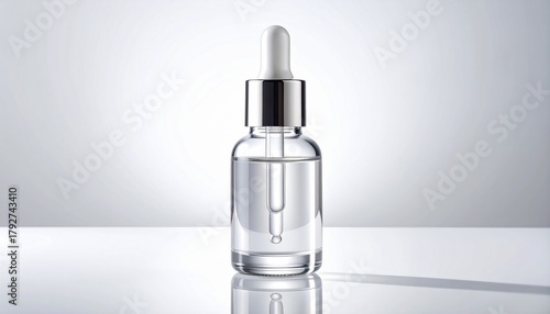 Clear Glass Serum Dropper Bottle With Subtle Reflections On A White To Light Gray Gradient Studio Backdrop Minimalist Cosmetic Product Photography