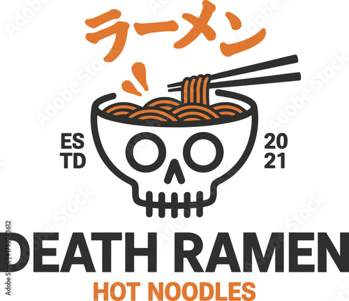 Death Ramen Skull Noodle Bowl Vector Design with Japanese Katakana – Hot and Spicy Food, Funny Typography, and Streetwear T-Shirt Print Illustration