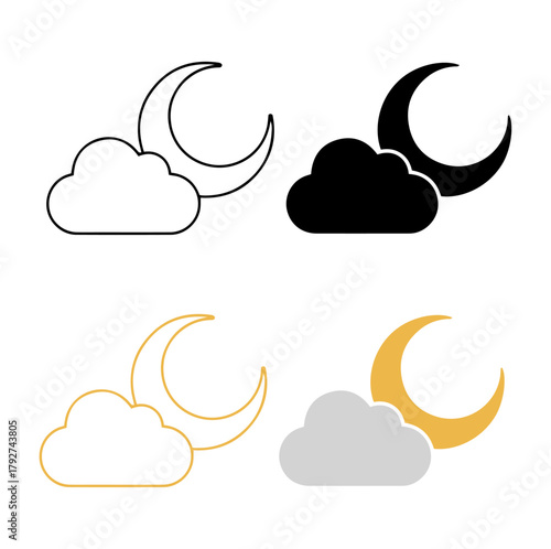 moon cloud night weather forecast line flat vector icon set