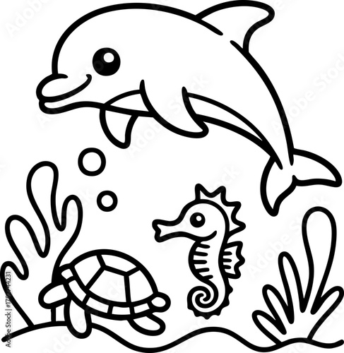 Simple and adorable ocean animals like dolphin, turtle, and seahorse in a coloring book