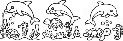 Simple and adorable ocean animals like dolphin, turtle, and seahorse in a coloring book
