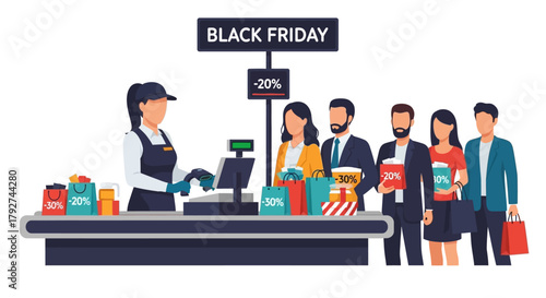 Customers with shopping bags standing in line at the checkout counter during a Black Friday sale. Flat Vector Illustrations. EPS Editable