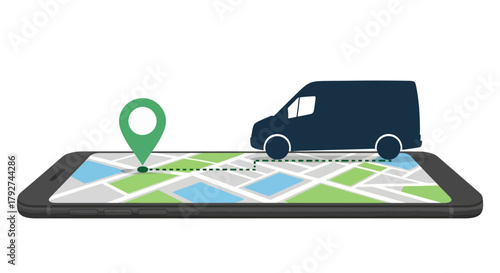 Delivery van tracking on a smartphone with GPS map navigation application. Flat Vector Illustrations. EPS Editable
