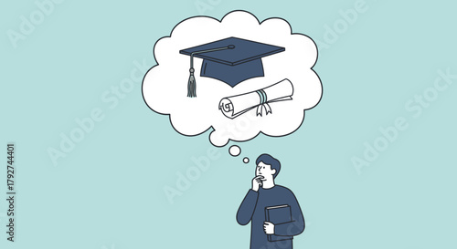 A thoughtful young student dreaming about his future university graduation and diploma. Flat Vector Illustrations. EPS Editable