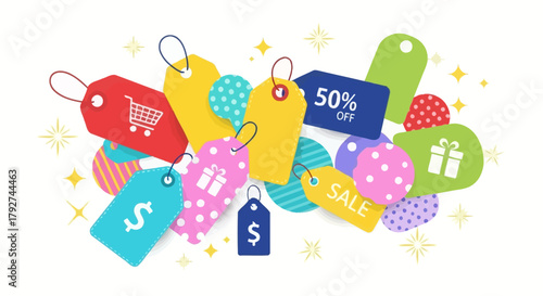 A vibrant and colorful collection of shopping sale tags and discount price labels isolated on a white background. Flat Vector Illustrations. EPS Editable
