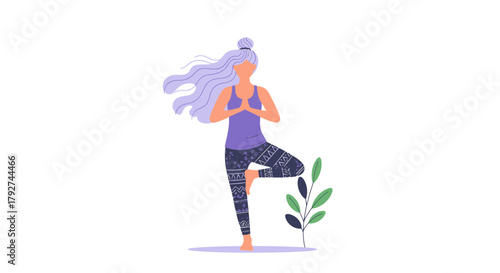 Beautiful woman with long purple hair practicing yoga in the tree pose Vrikshasana. Flat Vector Illustrations. EPS Editable