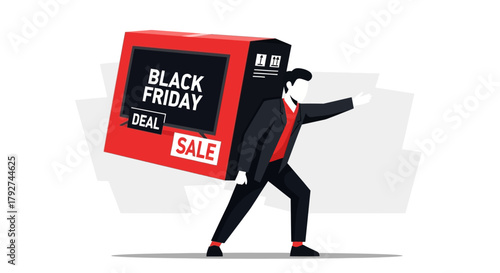 Businessman carrying a large red Black Friday deal box for a shopping sale. Flat Vector Illustrations. EPS Editable