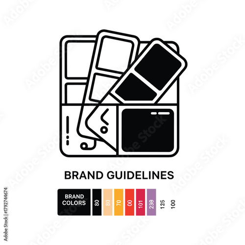 Brand guidelines document with color swatches and text