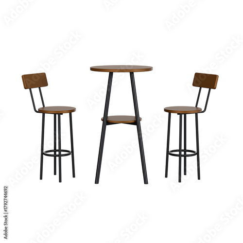 Modern bar table and two wooden bar stools set, featuring black metal legs. Perfect for cafe, restaurant, kitchen, or interior design 3D visualizations.