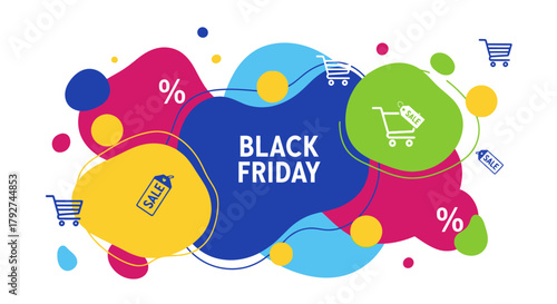 Colorful Black Friday sale banner with abstract liquid shapes and shopping icons. Flat Vector Illustrations. EPS Editable