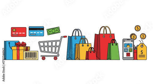 Colorful collection of online and retail shopping icons and symbols. Flat Vector Illustrations. EPS Editable