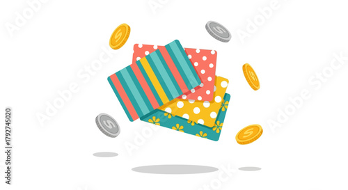 Colorful patterned fabrics and floating gold and silver coins vector illustration. Flat Vector Illustrations. EPS Editable