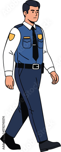 A cartoon security guard in a blue uniform and vest walking with a confident stride against a plain white background.