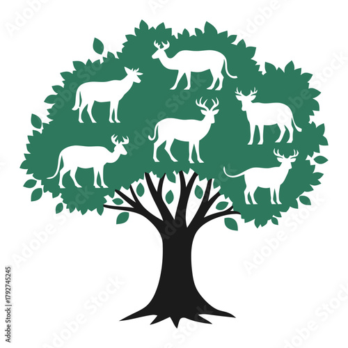Abstract tree with deer silhouettes symbolizing family nature and growth