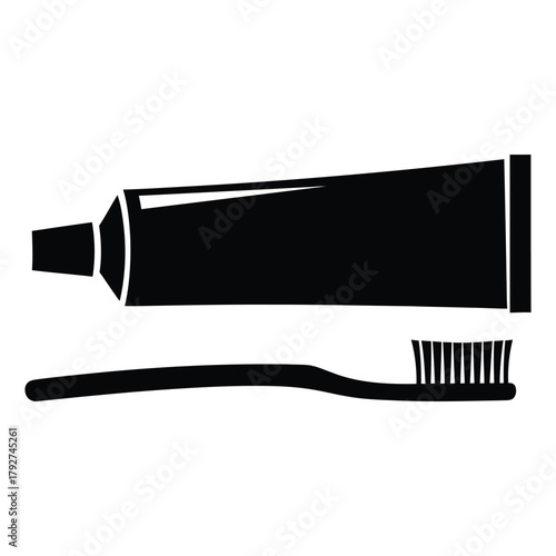 Black and white image of toothbrush and toothpaste for oral hygiene