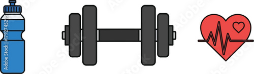 Fitness icons water bottle, dumbbell, and heart rate