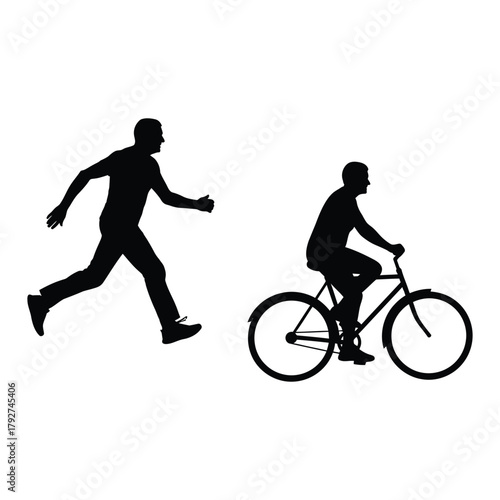 Black silhouette of running man and cyclist on a white background