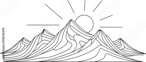 Stylized mountain range with sun rising, line art illustration