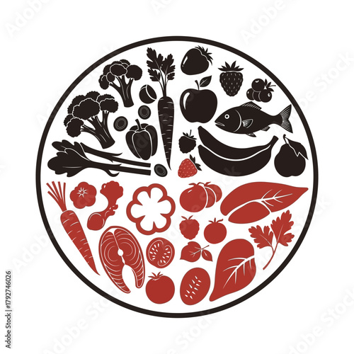 Healthy food groups represented as a balanced diet for good nutrition