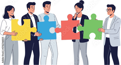Team of people holding puzzle pieces together