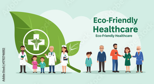 Eco Friendly Healthcare Concept with Doctors Nurses and Diverse Patients. Flat Vector Illustrations. EPS Editable