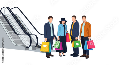 Group of friends with colorful shopping bags by an escalator. Flat Vector Illustrations. EPS Editable