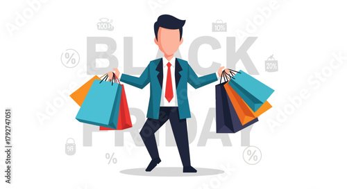 Happy businessman holding many colorful shopping bags during Black Friday sale. Flat Vector Illustrations. EPS Editable