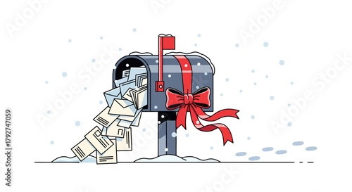 Hand drawn illustration of an overflowing mailbox with a red bow in the snow. Flat Vector Illustrations. EPS Editable