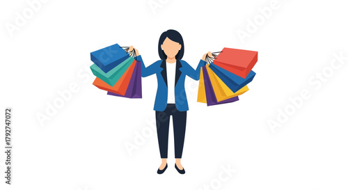 Happy cartoon woman holding many colorful shopping bags after a successful shopping spree. Flat Vector Illustrations. EPS Editable