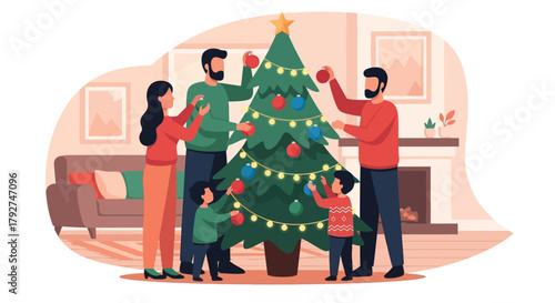 Happy diverse family with children decorating a Christmas tree together at home. Flat Vector Illustrations. EPS Editable