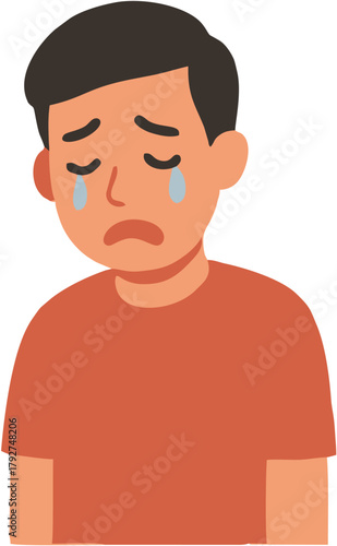 Flat vector illustration of a sad young man with a sorrowful expression, crying tears of grief and emotional pain