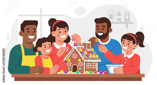 Joyful African American family decorating a colorful gingerbread house together for the holidays. Flat Vector Illustrations. EPS Editable