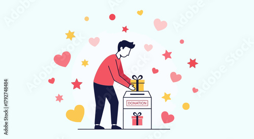 Kind man makes a charitable contribution by donating a gift box. Flat Vector Illustrations. EPS Editable