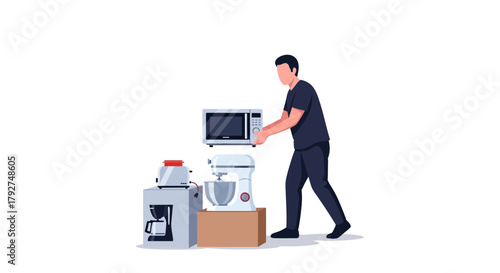 Man moving and arranging various kitchen household appliances illustration. Flat Vector Illustrations. EPS Editable
