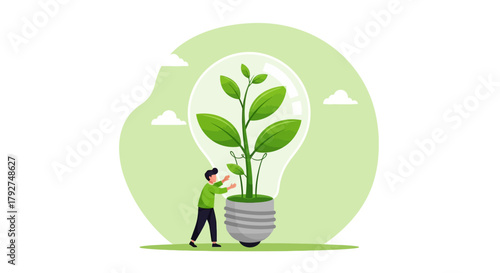 Man nurturing a green plant inside a lightbulb for sustainable energy concept. Flat Vector Illustrations. EPS Editable