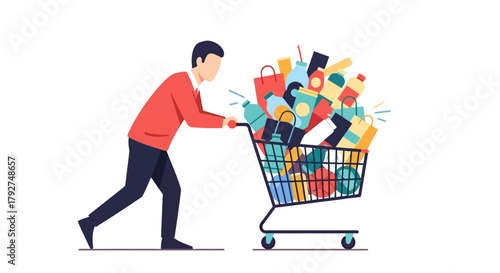 Man pushing a shopping cart overflowing with purchases and bags. Flat Vector Illustrations. EPS Editable