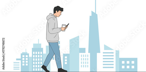 Urban lifestyle, city walking, coffee and smartphone, modern man, hoodie outfit, digital multitasking, vector illustration, mobile device, cityscape background, technology concept, casual scene