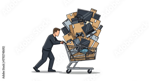 Man pushing an overloaded shopping cart full of goods and boxes. Flat Vector Illustrations. EPS Editable