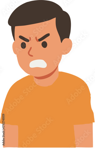 Illustration of a young man with an angry expression, furrowed brow, and clenched teeth, representing frustration or displeasure in an orange t-shirt