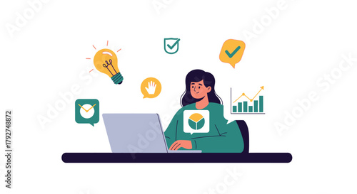 Productive businesswoman managing tasks and projects on a laptop with business icons. Flat Vector Illustrations. EPS Editable