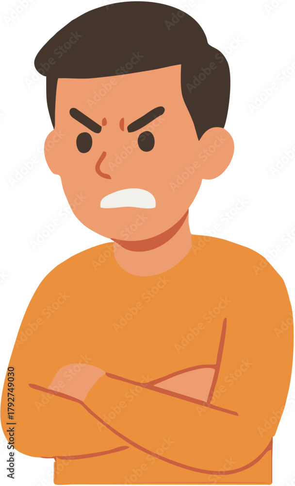 Fototapeta premium Angry Man with Arms Crossed, Feeling Frustrated and Expressing Displeasure, Cartoon Illustration