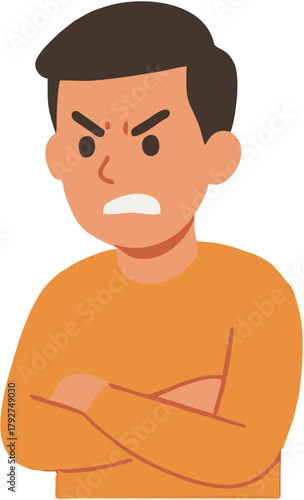 Angry Man with Arms Crossed, Feeling Frustrated and Expressing Displeasure, Cartoon Illustration