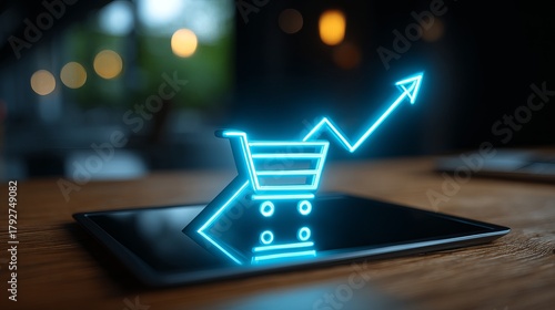 Vibrant neon shopping cart and upward trending graph symbolize booming e-commerce growth on digital device