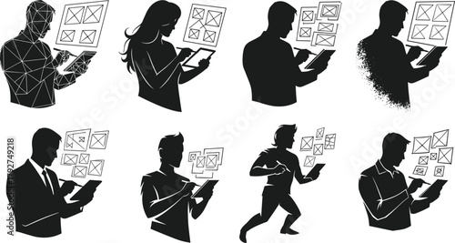 UX design silhouettes, digital interface interaction, wireframe elements, black and white vector set, editable stroke, professional concept, user experience poses