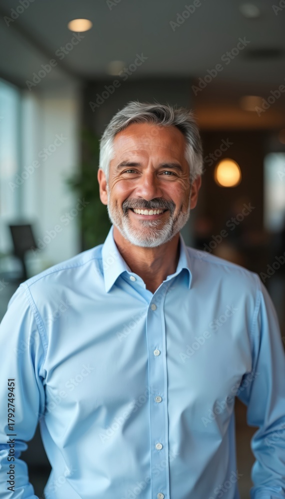 Fototapeta premium Mature businessman headshot with smile. Senior man in blue shirt poses indoors. Leader expresses positive emotions, shows trustworthiness. Successful manager presents confidence. Portrait captures