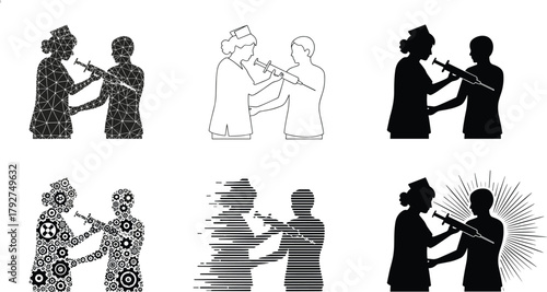Vaccination scene in six artistic styles, silhouette, line art, gear design, striped effect, radiant burst, wireframe, medical care, injection, health protection