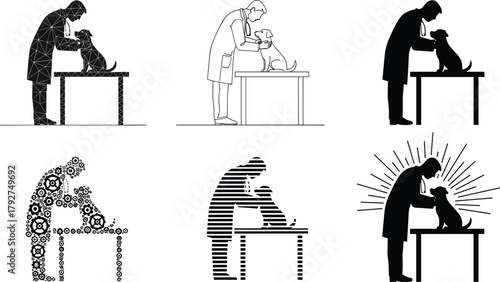 Veterinarian examining dog in six artistic styles, silhouette, line art, cosmic, mechanical, striped, radiating light, pet care, animal health, creative design