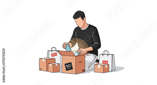 Young man carefully packing an online order into a cardboard box for shipping. Flat Vector Illustrations. EPS Editable