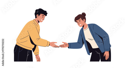 Young man and woman exchanging a business card or note isolated on white background. Flat Vector Illustrations. EPS Editable