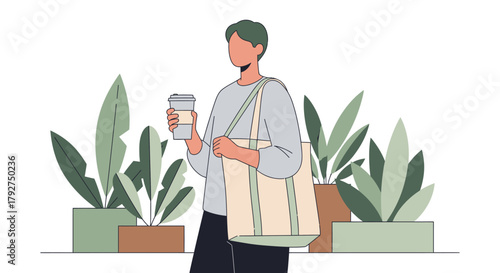 Young person with reusable coffee cup and tote bag promoting a sustainable lifestyle. Flat Vector Illustrations. EPS Editable